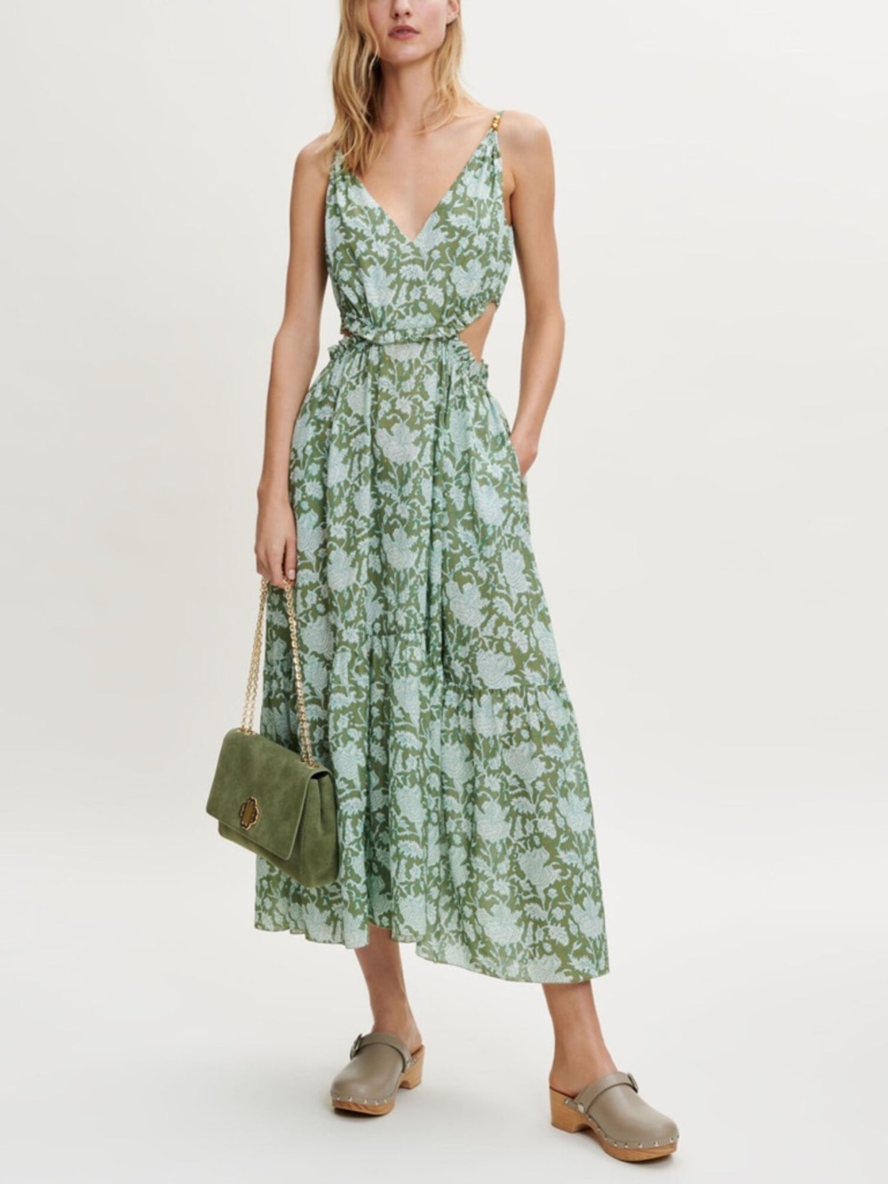 Maje Green Floral Cutout Midi Dress
